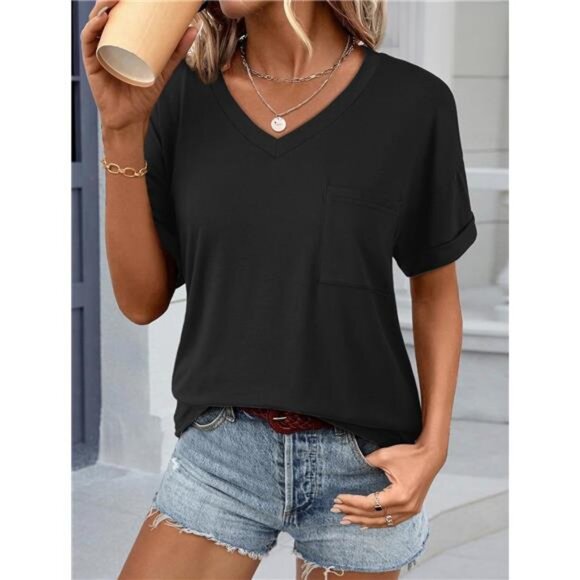 Womens T Shirts 2025 Short Sleeve V-Neck Shirts Cute Fit Summer Casual Tee Tops - Picture 2 of 7